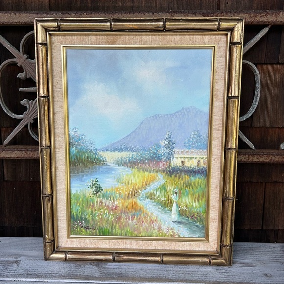 Serene Pastel Landscape Impressionist Oil Painting by Dubois with Bamboo Frame - Picture 7 of 7